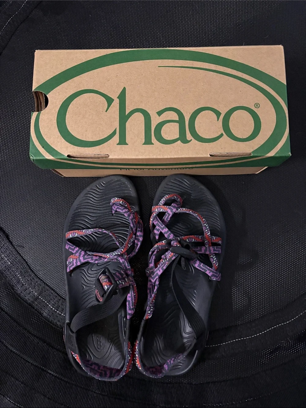 Chaco Black Sandals with Purple and Red Patterned Straps